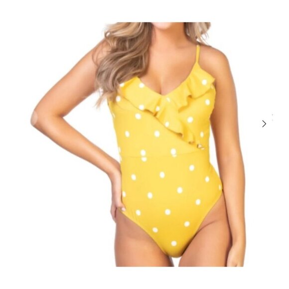 BeachJoy Other - Beach Joy One-Piece Swimsuit Tie Back Polka Dot Ruffled Yellow Size Medium